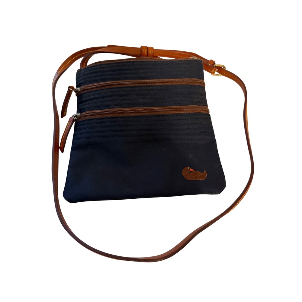Dooney & Bourke‎ Navy Blue Nylon Triple Zip Crossbody Bag Tan Leather Trim